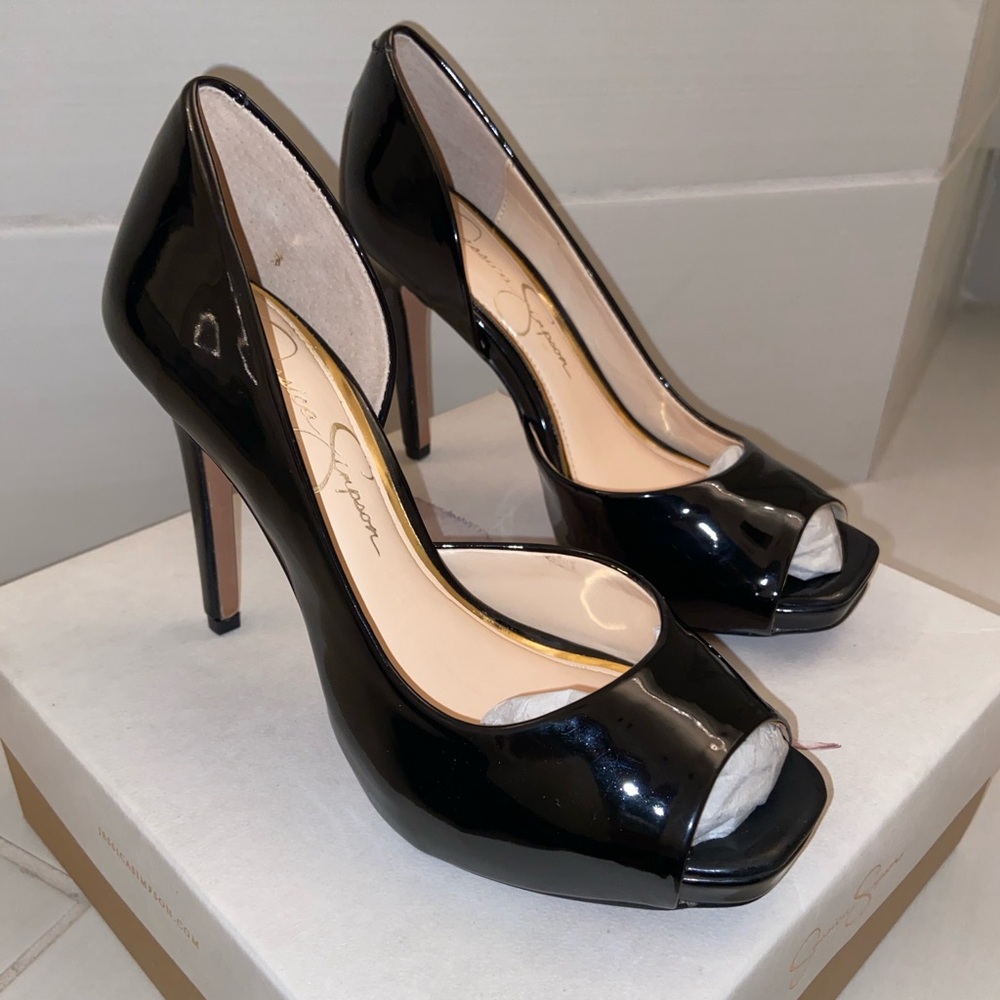 Jessica Simpson JS- Jaselle Black Patent Leather Peep Toe Heels